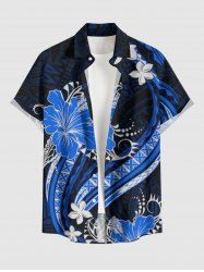 Chemise hawaïenne à poches boutons, imprimé ethnique à fleurs d'hibiscus, grande taille, pour homme - Bleu profond 4XL