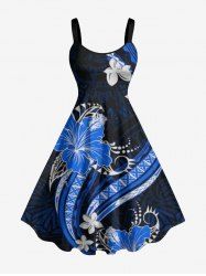 Hibiscus Flower Ethnic Graphic Curve Print Hawaii A Line Dress -  