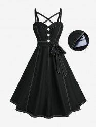 Robe trapèze grande taille unie avec surpiqûres, boutons, poches croisées et ceinture amovible - Noir 2X | US 18-20