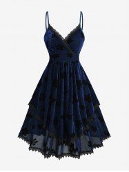 Robe camisole portefeuille ligne A à étages, flocage fleuri, bord dentelle, grande taille - Bleu profond 2X | US 18-20