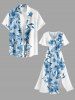 Plus Size Flowers Leaf Print Split Hawaii Midi Dress - Bleu Poudre 2X