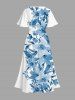 Plus Size Flowers Leaf Print Split Hawaii Midi Dress -  