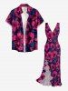 Hibiscus Flower Print Hawaii Ruffles Split Surplice Dress - Rouge Rose XXL