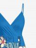 Plus Size Flower Tropical Leaf Print Surplice Hawaii Cami Dress - Bleu M