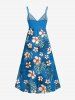 Plus Size Flower Tropical Leaf Print Surplice Hawaii Cami Dress - Bleu M