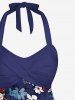 Plus Size Flower Leaf Print Halter Ruched Boyleg Hawaii Tankini Swimsuit - Cadetblue XS