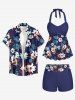 Plus Size Flower Leaf Print Halter Ruched Boyleg Hawaii Tankini Swimsuit - Cadetblue XS