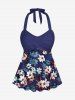 Plus Size Flower Leaf Print Halter Ruched Boyleg Hawaii Tankini Swimsuit - Cadetblue L