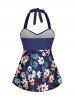 Plus Size Flower Leaf Print Halter Ruched Boyleg Hawaii Tankini Swimsuit - Cadetblue 2X