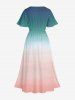 Plus Size Dip Dye Ombre Print Hawaii Split Pocket A Line Midi Dress - Turquoise Foncée M