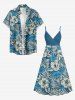 Plus Size Tropical Leaf Hibiscus Flower Print Hawaii Surplice A Line Cami Dress -  
