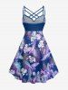 Robe hawaïenne grande taille à imprimé tropical floral, feuilles et oiseaux, froncée et à bretelles croisées. - Pourpre  4X