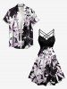Robe hawaïenne grande taille à imprimé floral et feuilles, froncée et bretelles croisées. - Noir 3X