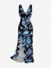 Flower Leaf Branch Print Hawaii Ruffles Split Dress -  