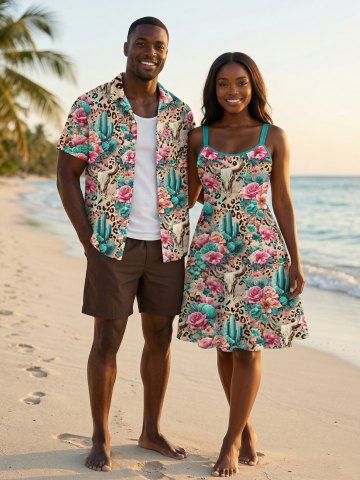 Cow Head Cactus Flower Leopard Ethnic Graphic Print Plus Size Matching Hawaii Beach Outfit For Couples - MULTI-A
