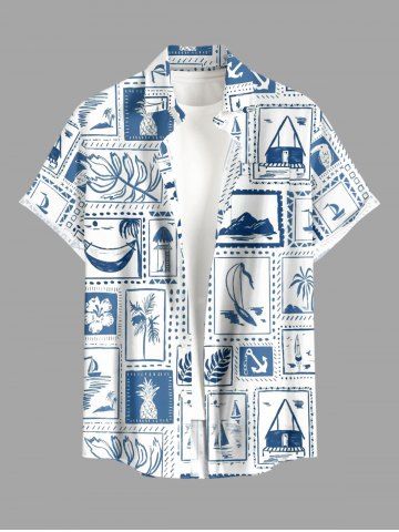 Plus Size Coconut Tree Pineapple Flower Seascape Scarf Print Buttons Pocket Hawaii Shirt For Men - BLUE - S