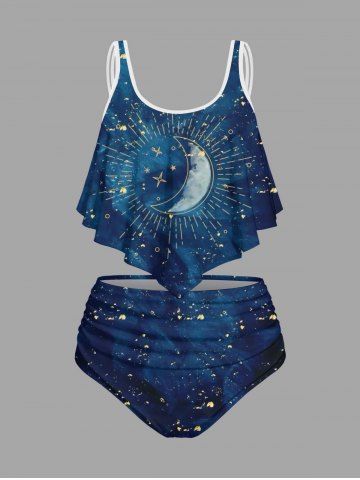Plus Size Galaxy Moon Star Print Ruched Hawaii Tankini Swimsuit - DEEP BLUE - XS