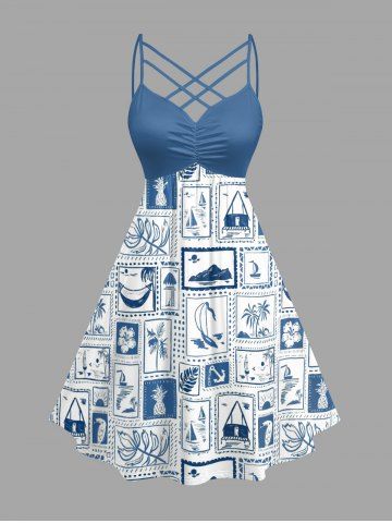 Plus Size Coconut Tree Pineapple Flower Seascape Scarf Print Ruched Lattice Crisscross Straps Hawaii Dress - BLUE - XXS