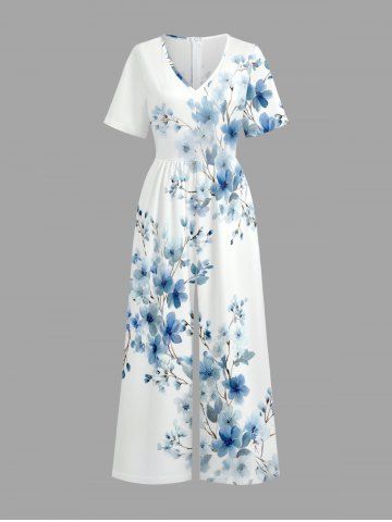 Flowers Branch Print V Neck Hawaii Wide Leg Jumpsuit - LIGHT BLUE - L