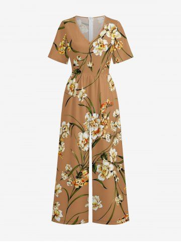 Flowers Leaf Print V Neck Hawaii Wide Leg Jumpsuit - LIGHT BROWN - 2XL