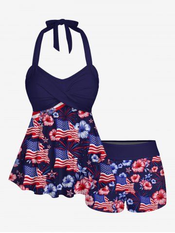 Plus Size Patriotic American Flag Hibiscus Flower Print Halter Boyleg Tankini Swimsuit - DEEP BLUE - S
