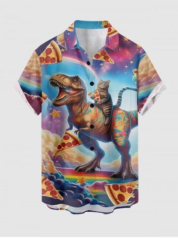 Plus Size Dinosaur Pizza Rainbow Print Buttons Pocket Hawaii Shirt For Men - PURPLE - S