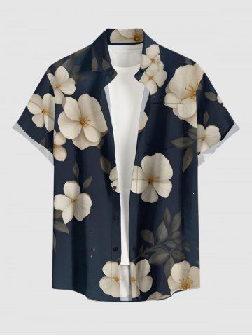Plus Size Flowers Leaf Print Buttons Pocket Hawaii Shirt For Men - BLACK - 2XL