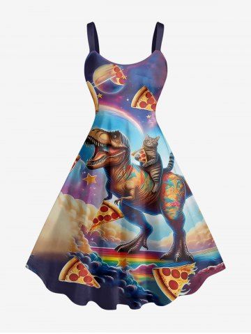 Plus Size Dinosaur Pizza Rainbow Print Hawaii Tank Dress - PURPLE - XXS