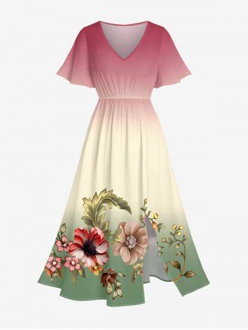 Plus Size Flower Leaf Ombre Print Hawaii Split Pocket A Line Midi Dress - PINK - 2X