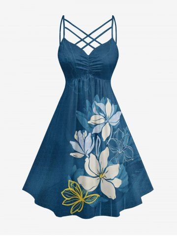 Plus Size Flower Print Hawaii Ruched Crisscross Strappy A Line Cami Dress - PEACOCK BLUE - 5X