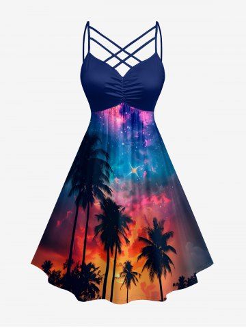 Plus Size Coconut Tree Ombre Galaxy Print Hawaii Ruched Crisscross Strappy A Line Cami Dress - DEEP BLUE - 6X