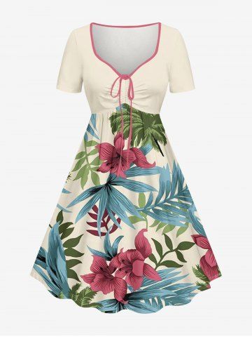 Robe hawaïenne grande taille à imprimé tropical et fleurs d'hibiscus, cintrée - LIGHT COFFEE - M
