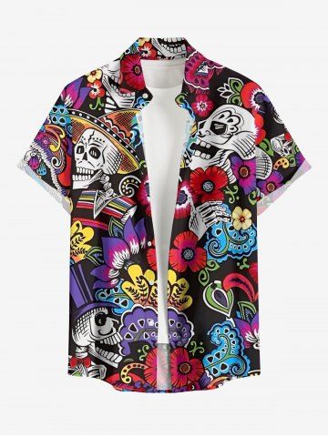 Plus Size Ethnic Skulls Flower Print Hawaii Button Pocket Shirt For Men - BLACK - S