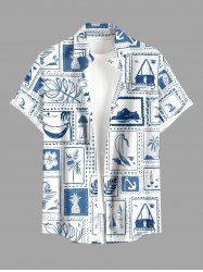 Plus Size Coconut Tree Pineapple Flower Seascape Scarf Print Buttons Pocket Hawaii Shirt For Men -  
