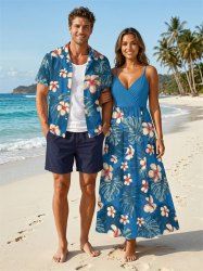 Flower Tropical Leaf Print Plus Size Matching Hawaii Beach Outfit For Couples -  