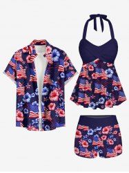Patriotic American Flag Hibiscus Flower Print Matching Outfit For Couples -  