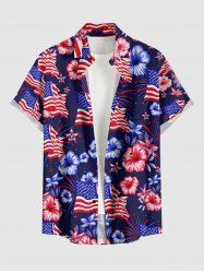 Patriotic American Flag Hibiscus Flower Print Buttons Pocket Shirt For Men -  