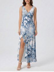 Flower Tropical Leaf Print Hawaii Ruffles Split Surplice Dress -  