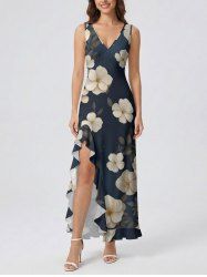 Flowers Leaf Print Hawaii Ruffles Split Surplice Dress -  