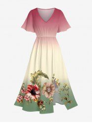 Robe midi trapèze grande taille à imprimé floral et feuilles ombré hawaïen avec poches fendues - Rose  XXS