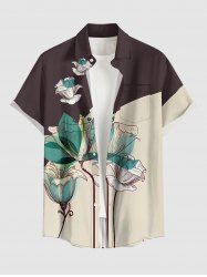 Plus Size Flower Print Hawaii Button Pocket Shirt For Men - marron foncé 4XL