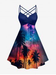 Plus Size Coconut Tree Ombre Galaxy Print Hawaii Ruched Crisscross Strappy A Line Cami Dress - Bleu profond L