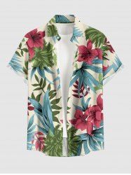 Chemise hawaïenne grande taille pour homme, à imprimé floral tropical et feuilles d'hibiscus, boutons et poche. - café lumière S