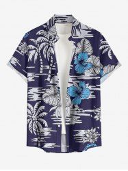 Coconut Tree Tropical Leaf Hibiscus Flower Print Hawaii Button Pocket Shirt For Men -  