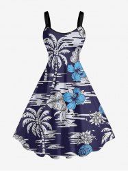 Robe trapèze hawaïenne grande taille à imprimé tropical feuilles de cocotier et fleurs d'hibiscus - Bleu profond M