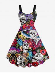 Plus Size Ethnic Skulls Flower Print Hawaii A Line Dress - Noir 6X
