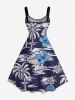 Robe trapèze hawaïenne grande taille à imprimé tropical feuilles de cocotier et fleurs d'hibiscus - Bleu profond M