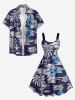 Robe trapèze hawaïenne grande taille à imprimé tropical feuilles de cocotier et fleurs d'hibiscus - Bleu profond M