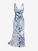 Flower Tropical Leaf Print Hawaii Ruffles Split Surplice Dress -  