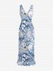 Flower Tropical Leaf Print Hawaii Ruffles Split Surplice Dress -  